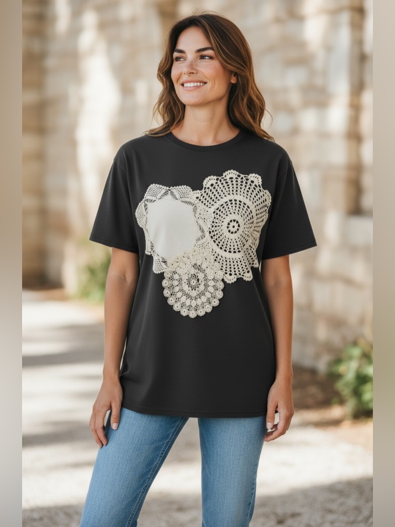 Rentrayage Black Vintage Doily Applique Graphic Tee - Frosty 9 Back